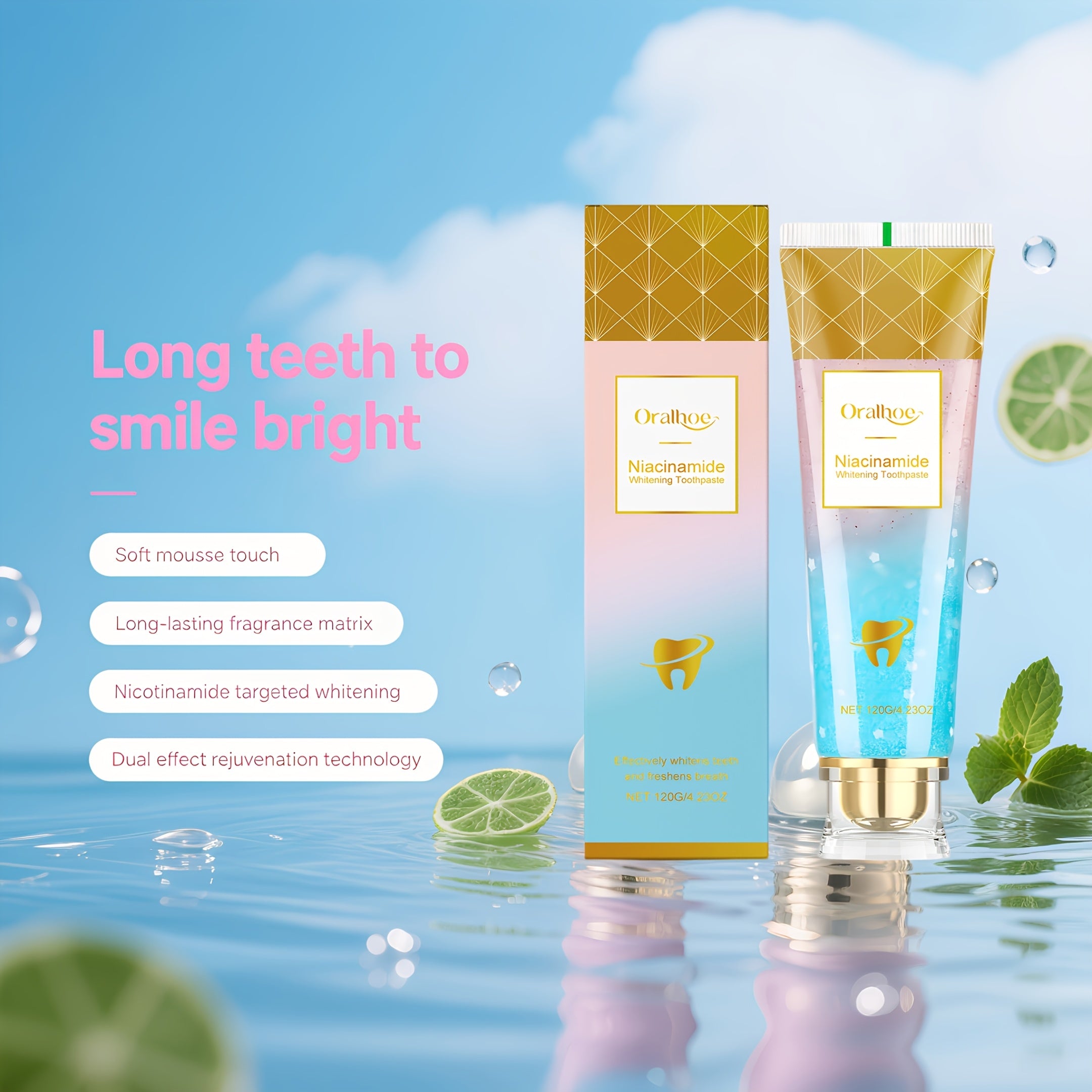 Brightening Toothpaste, Contains Niacinamide Deeply Cleans Food Debris from The Surface of Teeth Keeps Breath Fresh Leaves Teeth Bright And Clean, with Significant Results from Continued Use, Also Suitable for Sensitive Teeth