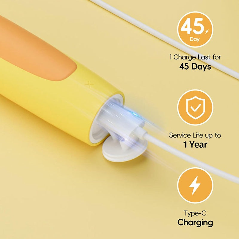 KIWIBIRD Kids Electric Toothbrush for Ages 3 - 10, Toddler Sonic Toothbrush with 4 Modes Soft Silicone Bristles, 2 - Min Timer Pressure Sensor, 45 - Day Rechargeable Battery, Waterproof Yellow